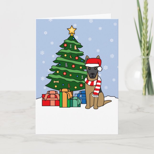 Cartes Pour Fêtes Annuelles Malinois belge et sapin de Noël (Devant)