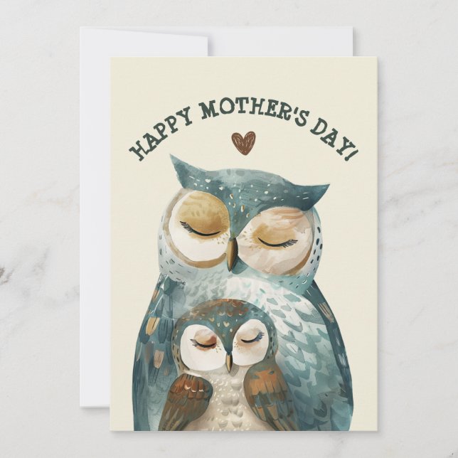Cartes Pour Fêtes Annuelles Mama Owl & Owlet Aquarelle Bois Fête des Mères (Devant)