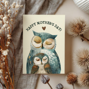 Cartes Pour Fêtes Annuelles Mama Owl & Owlet Aquarelle Bois Fête des Mères