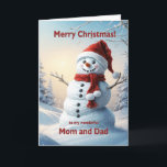 Cartes Pour Fêtes Annuelles Maman et papa Noël Snowman<br><div class="desc">Une scène d'hiver festive montrant un joyeux bonhomme de neige dans un casquette rouge et foulard. Souhaitez à votre mère et à votre père un joyeux Noël avec une belle carte de bonhomme de neige.</div>