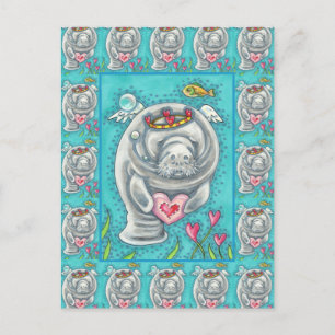 CARTES POUR FÊTES ANNUELLES MANATEE CUPID, BUBBLES & COEURS COLORÉ VALENTINE