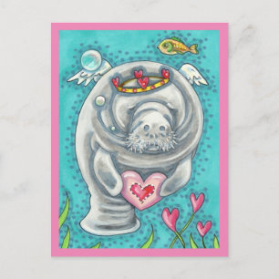 CARTES POUR FÊTES ANNUELLES MANATEE CUPID, BUBBLES & COEURS COLORÉ VALENTINE