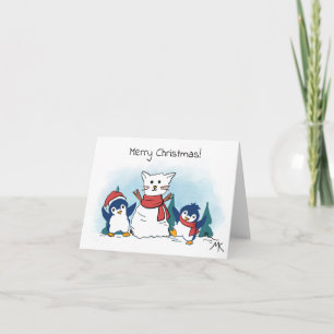 Cartes Pour Fêtes Annuelles Manchots construisant un bonhomme de neige en form