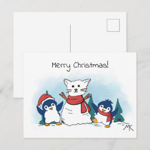 Cartes Pour Fêtes Annuelles Manchots construisant un bonhomme de neige Noël