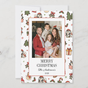 Cartes Pour Fêtes Annuelles Manchots de Noël Photo de famille rouge et vert