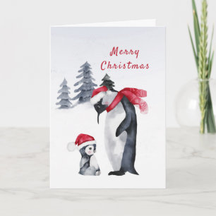 Cartes Pour Fêtes Annuelles Manchots Écharpe Rouge Chapeau de Père Noël Aquare