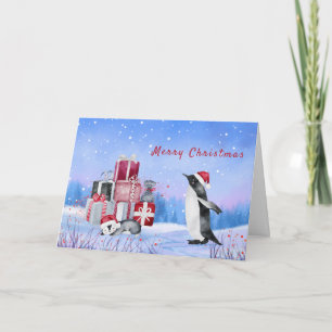 Cartes Pour Fêtes Annuelles Manchots Paquets Rouges Aquarelle Noël