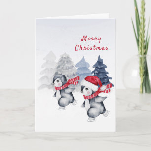 Cartes Pour Fêtes Annuelles Manchots patinant arbres rouges aquarelle Noël