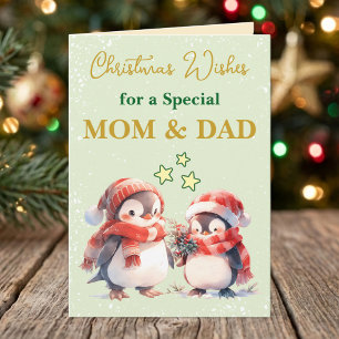 Cartes Pour Fêtes Annuelles Manchots spéciaux maman et papa Noël vert