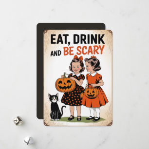 Cartes Pour Fêtes Annuelles "Mangez, Buvez et Soyez Effrayant" Vintage Filles