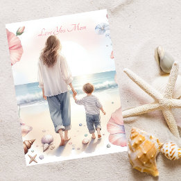 Cartes Pour Fêtes Annuelles Marche de plage mignonne avec maman Aquarelle Fête