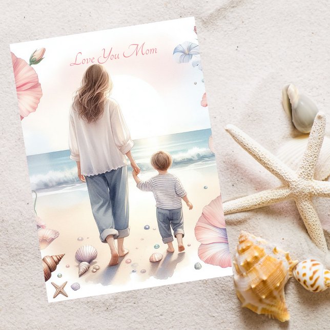 Cartes Pour Fêtes Annuelles Marche de plage mignonne avec maman Aquarelle Fête (Créateur téléchargé)