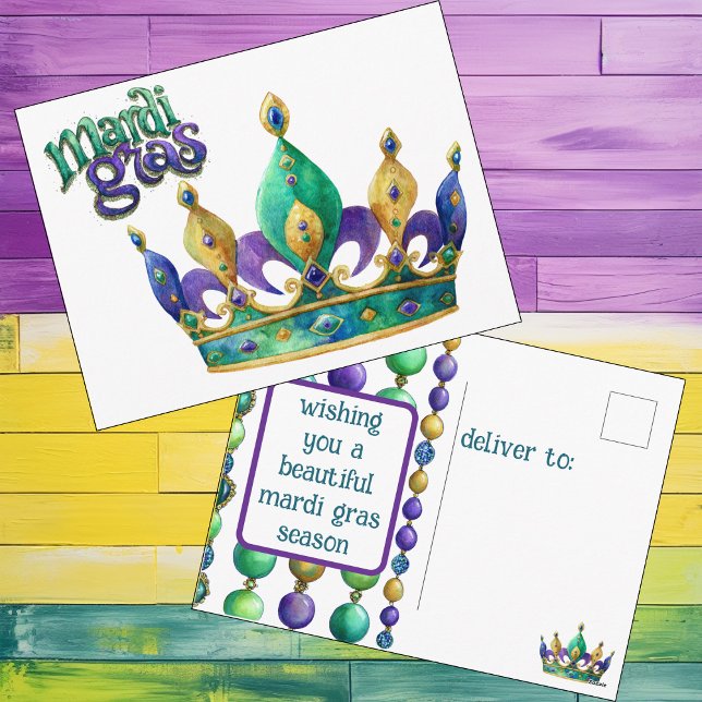 Cartes Pour Fêtes Annuelles Mardi Gras Greeting with Crown and Beads (Customize this Mardi Gras postcard featuring a cute Mardi Gras Crown and Mardi Gras beads.)