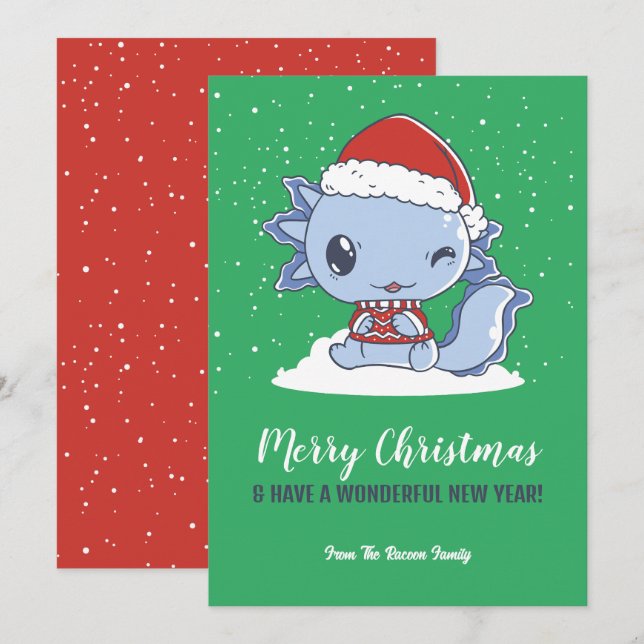 Cartes Pour Fêtes Annuelles Mare Axolotl Santa Hat Neige hiver Joyeux Noël (Devant / Derrière)