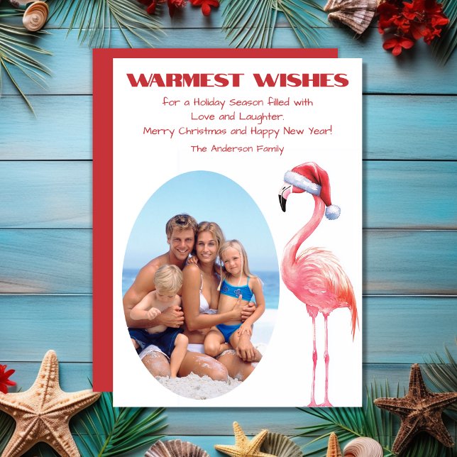 Cartes Pour Fêtes Annuelles Mare Père Noël Flamant rose Plage tropicale Photo  (Cute Santa Flamingo Tropical Beach Photo Christmas Holiday Card)