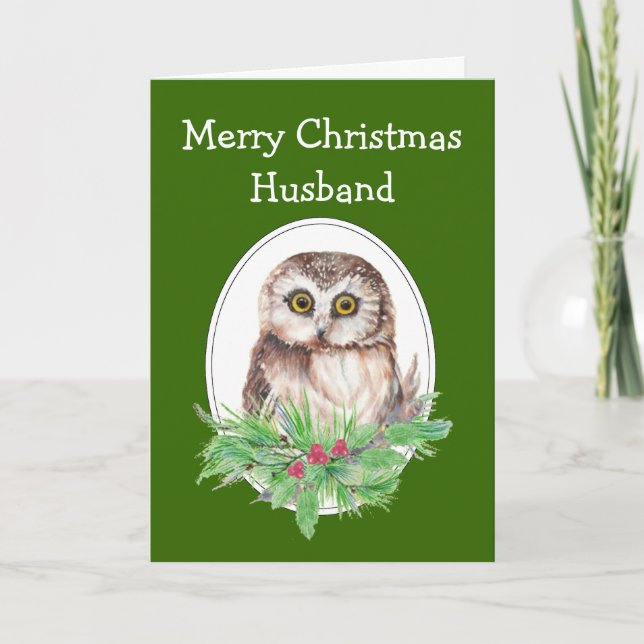 Cartes Pour Fêtes Annuelles Mari de Noël Cute Owl Bird Holly PIne (Devant)