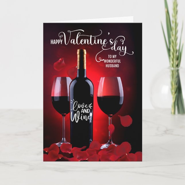 Cartes Pour Fêtes Annuelles Mari Romantique Rose Pétales Vin Saint Valentin (Devant)