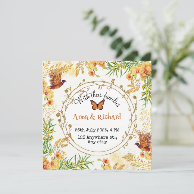 Cartes Pour Fêtes Annuelles Mariage blanc fleuri orange et jaune (Debout devant)