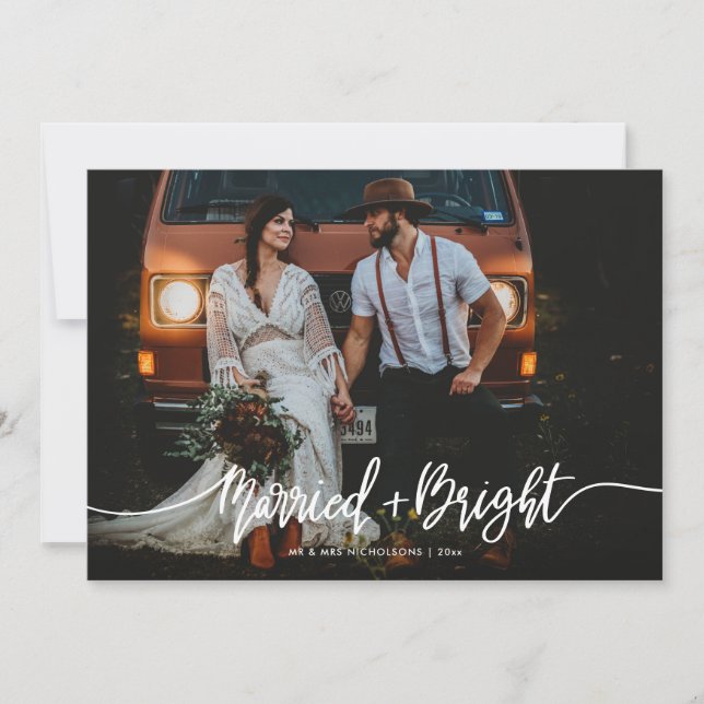 Cartes Pour Fêtes Annuelles Mariage marié et lumineux script Couple Photo (Devant)