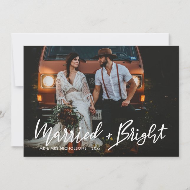 Cartes Pour Fêtes Annuelles Mariage marié et lumineux script Couple Photo (Devant)