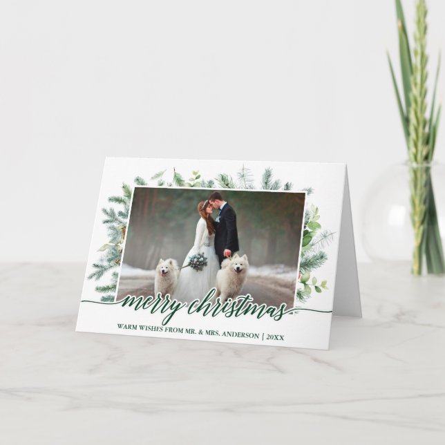 Cartes Pour Fêtes Annuelles Mariage Photo Calligraphie Pin de Noël Verdure (Devant)