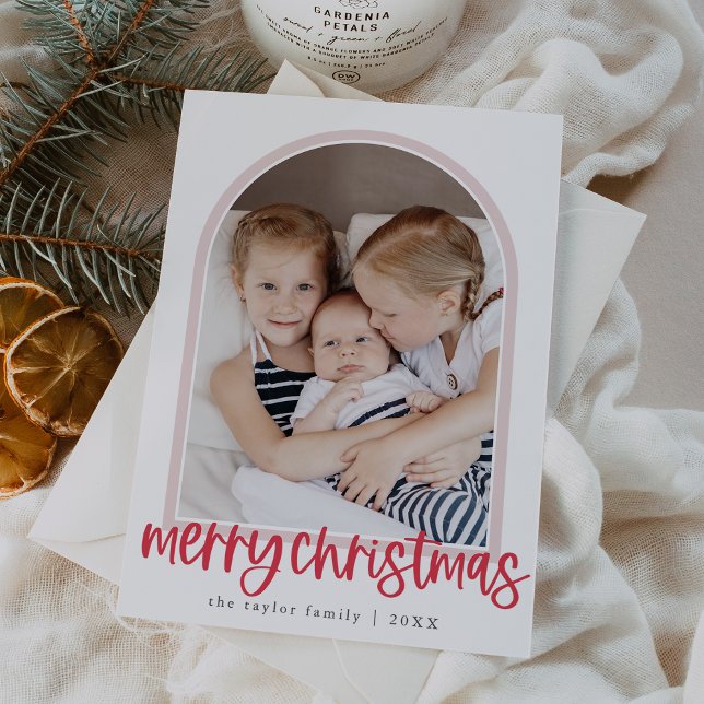 Cartes Pour Fêtes Annuelles MARIAH Red Pink Arch Famille Photo Joyeux Noël (MARIAH Red Pink Arch Family Photo Merry Christmas Holiday Card)