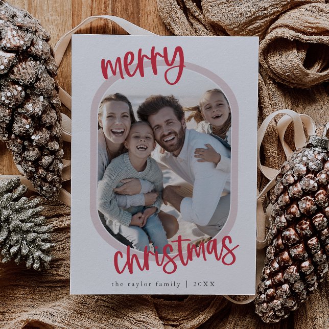 Cartes Pour Fêtes Annuelles MARIAH Red Pink Retro Famille Amusants Noël Photo (MARIAH Red Pink Retro Family Fun Christmas Photo Holiday Card)