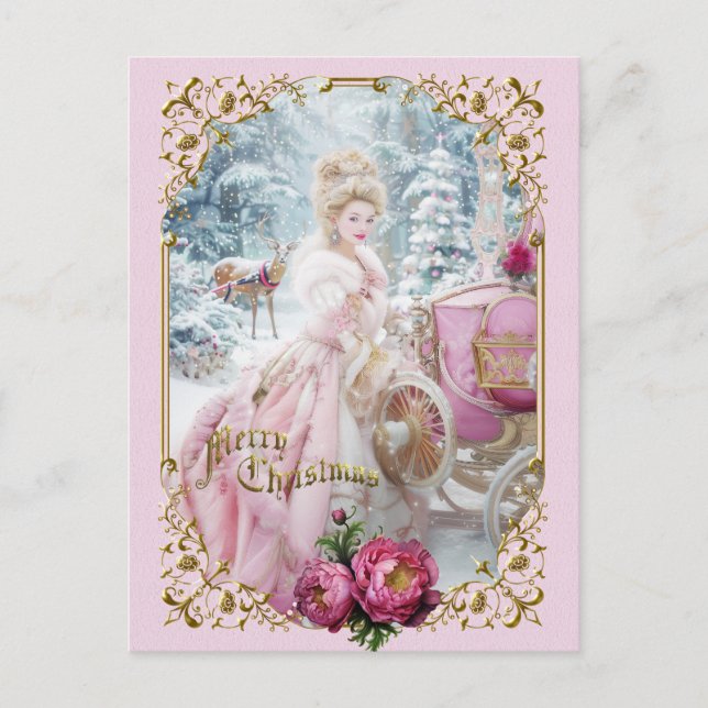 Cartes Pour Fêtes Annuelles Marie Antoinette pink carriage deer Christmas card (Devant)