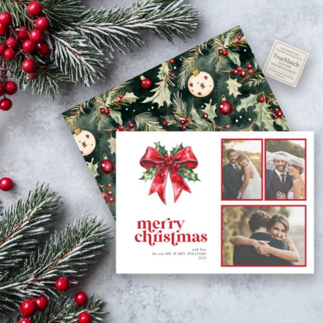 Cartes Pour Fêtes Annuelles Marié & Bright Red Bow Holly Newlyly 3 Photo (Créateur téléchargé)
