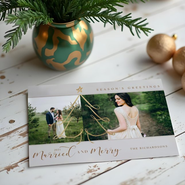 Cartes Pour Fêtes Annuelles Marié & Joyeux Elegant Gold Holiday Tree 2 Photo (Married & Merry Elegant Gold Holiday Tree 2 Photo)