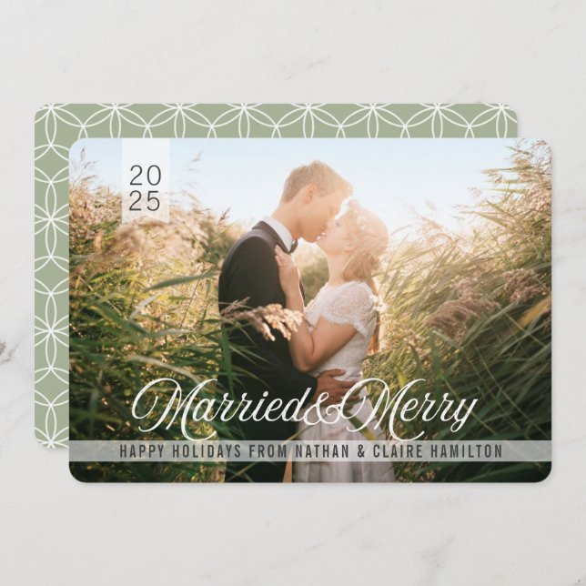 Cartes Pour Fêtes Annuelles Marié & Joyeux | Mariage Script photo de vacances (Devant / Derrière)