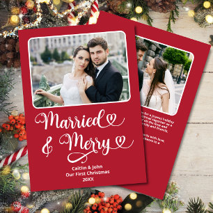 Cartes Pour Fêtes Annuelles Marié Merry Newlyweds 1er Noël Coeurs rouges