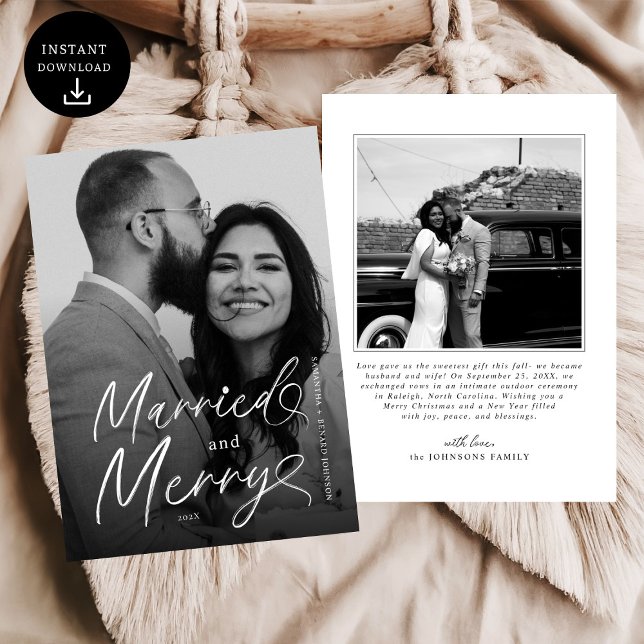 Cartes Pour Fêtes Annuelles Marié moderne et Joyeux Script de Noël (Créateur téléchargé)