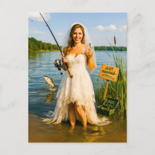 Cartes Pour Fêtes Annuelles Mariée avec canne à pêche et hameçon au bord du la