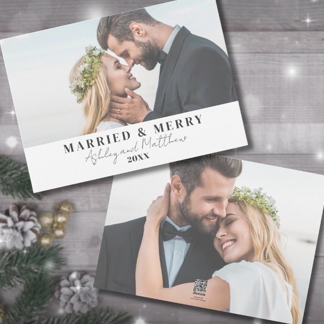 Cartes Pour Fêtes Annuelles Mariés et joyeux Noël de jeunes mariés photo (Married And Merry Newlywed Just Married Holiday Card)