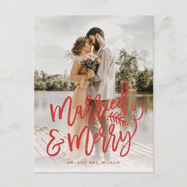 Cartes Pour Fêtes Annuelles Mariés et joyeux Noël des jeunes mariés Photo Roug (Devant)