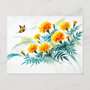 Cartes Pour Fêtes Annuelles Marigold avec Monarch Papillon asiatique peinture
