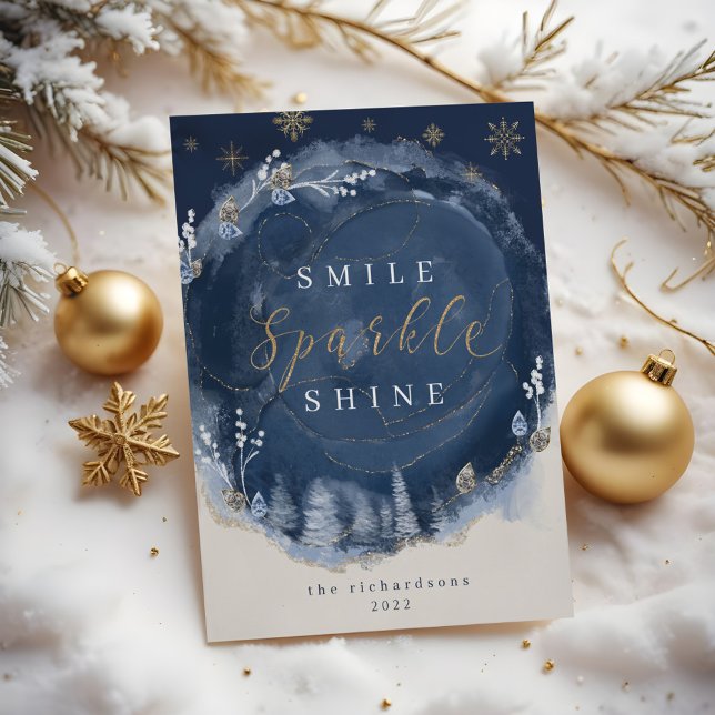 Cartes Pour Fêtes Annuelles Marine Aquarelle Encre et bijoux Hiver Nuit Vacanc (Navy Watercolor Ink & Jewels Winter NNavy Watercolor Ink & Jewels Winter Night Holidayight Holiday)