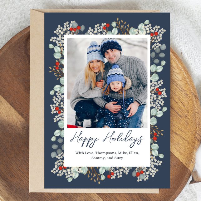 Cartes Pour Fêtes Annuelles Marine Bleu Joyeux Joyeux Vacances Verdure Photo (Happy Holiday custom photo cards. )
