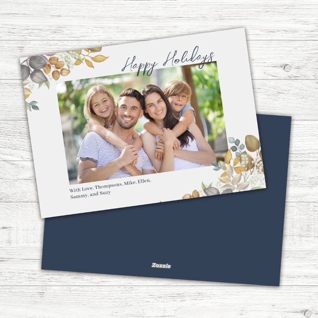 Cartes Pour Fêtes Annuelles Marine Bleu Joyeux Joyeux Vacances Verdure Photo (Happy Holidays photo card with navy blue and green foliage.)