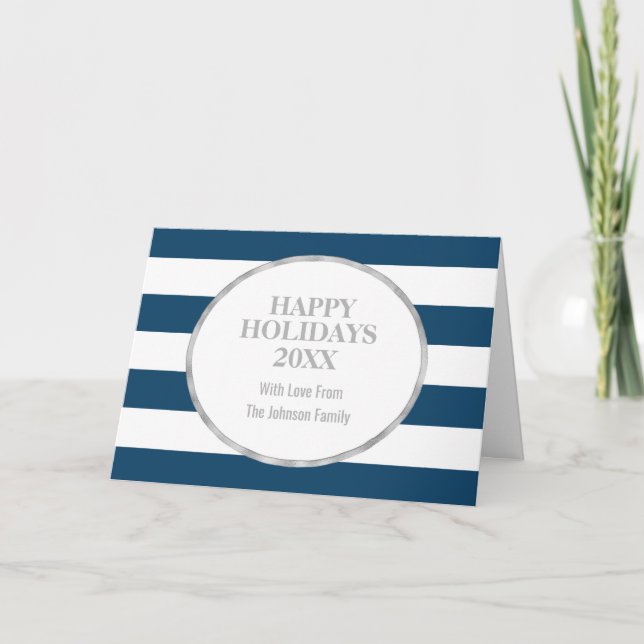 Cartes Pour Fêtes Annuelles Marine Bleu Stripes Argent Joyeux Vacances Personn (Devant)