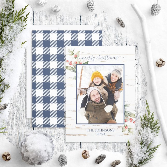 Cartes Pour Fêtes Annuelles Marine Blue Farmhouse Joyeux Noël Plaid Photo (Créateur téléchargé)