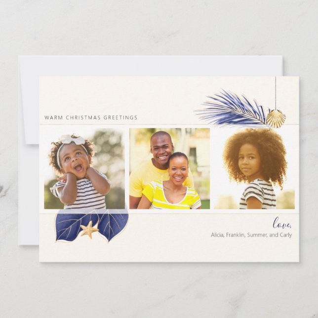 Cartes Pour Fêtes Annuelles Marine Blue & Gold Beach Tropical Greenery 3-Photo (Devant)