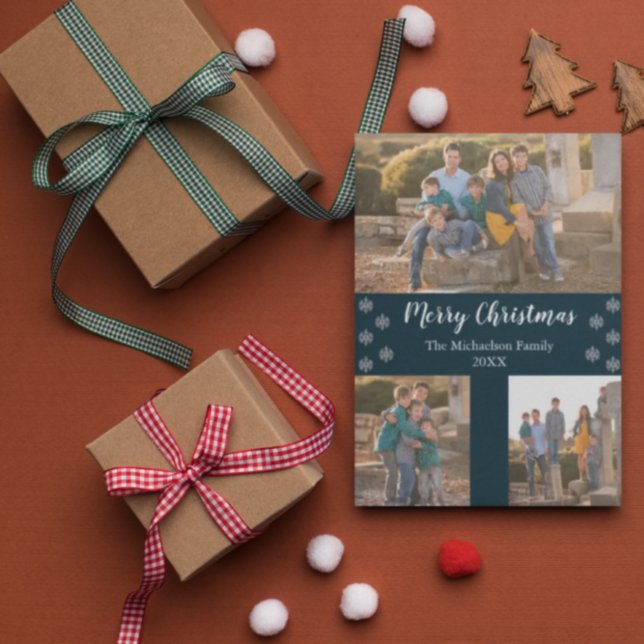 Cartes Pour Fêtes Annuelles Marine Blue Silver Snowflake Noël Collage Photo (Créateur téléchargé)