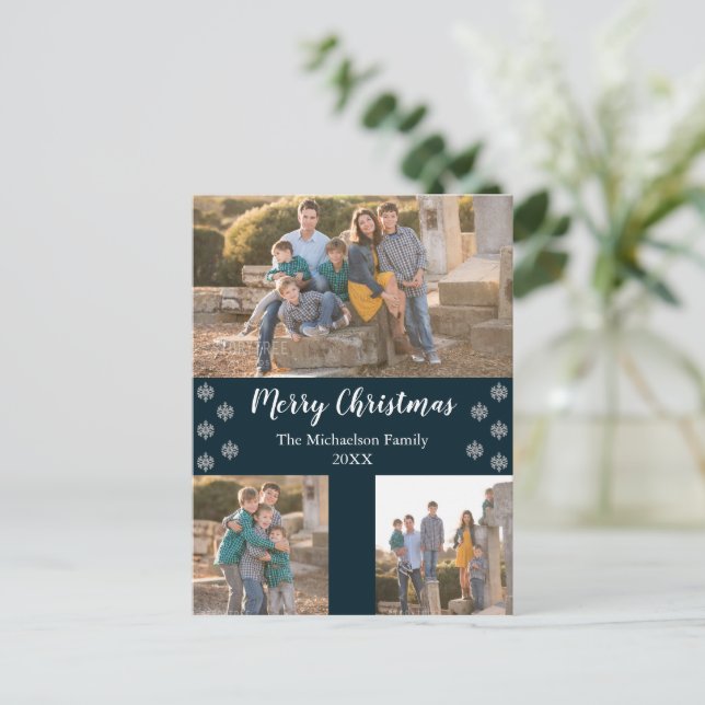 Cartes Pour Fêtes Annuelles Marine Blue Silver Snowflake Noël Collage Photo (Debout devant)
