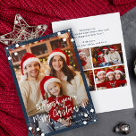Cartes Pour Fêtes Annuelles Marine moderne bleu 5 photo collage Joyeux Noël<br><div class="desc">Simple minimaliste stylisé cinq photos de famille personnalisées "Joyeux Noël et une bonne année" (changeable) typographie texte superposer le modèle de la carte de vacances de Noël avec un cadre bleu foncé et des flocons de neige. Facile à personnaliser avec vos images, texte, signature de nom et souhaits des deux...</div>