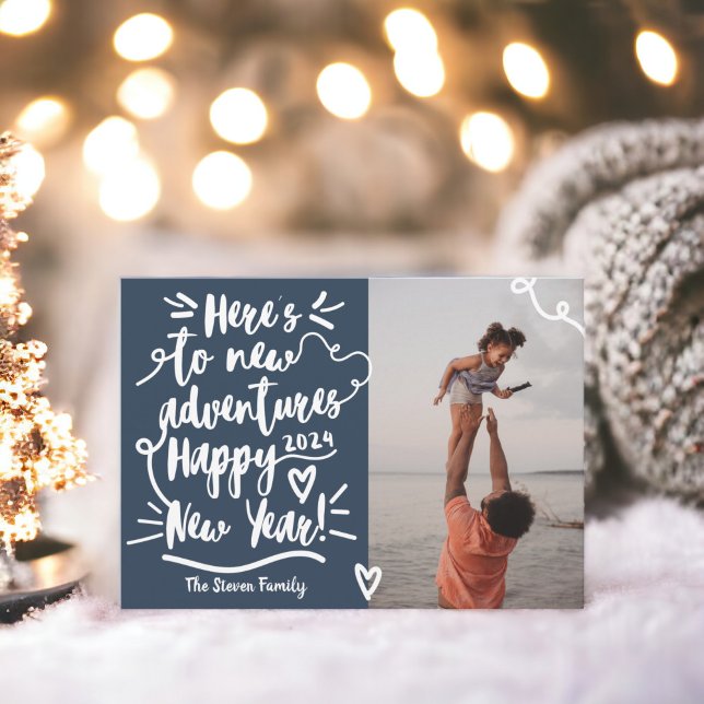 Cartes Pour Fêtes Annuelles Marine moderne bleu aventure photo du Nouvel An (Modern navy blue adventure New Year photo Holiday Card)