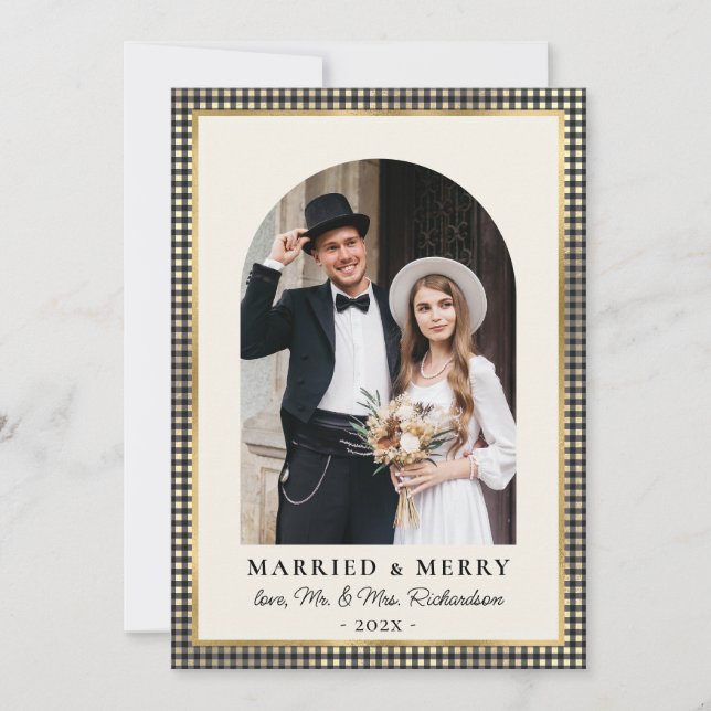 Cartes Pour Fêtes Annuelles Married and Merry Arch Photo Black Gold Plaid  (Devant)
