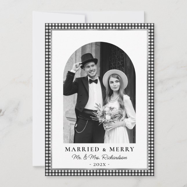 Cartes Pour Fêtes Annuelles Married and Merry Arch Photo Black White Plaid (Devant)