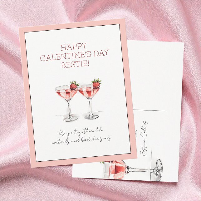 Cartes Pour Fêtes Annuelles Martini à la fraise rose mignonne Saint-Gala (Cute Pink Strawberry Martini Galentine's Day Holiday Postcard)
